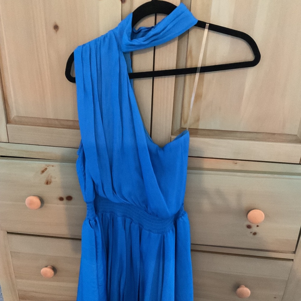 Electric blue one shoulder neck tie dress